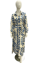 Load image into Gallery viewer, Cream &amp; Blue Long Sleeve Shirt Dress with Self Fabric Tie Waist &amp; Pockets