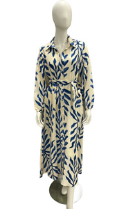 Cream & Blue Long Sleeve Shirt Dress with Self Fabric Tie Waist & Pockets