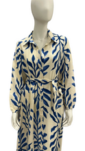 Load image into Gallery viewer, Cream &amp; Blue Long Sleeve Shirt Dress with Self Fabric Tie Waist &amp; Pockets