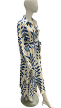 Load image into Gallery viewer, Cream &amp; Blue Long Sleeve Shirt Dress with Self Fabric Tie Waist &amp; Pockets