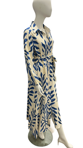 Cream & Blue Long Sleeve Shirt Dress with Self Fabric Tie Waist & Pockets