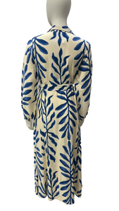 Cream & Blue Long Sleeve Shirt Dress with Self Fabric Tie Waist & Pockets