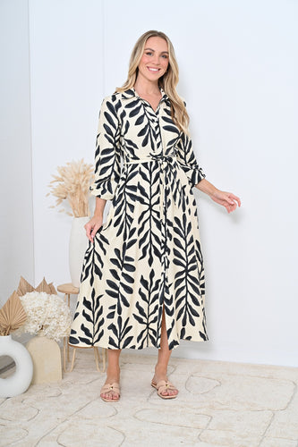 Cream & Black Long Sleeve Shirt Dress with Self Fabric Tie Waist & Pockets