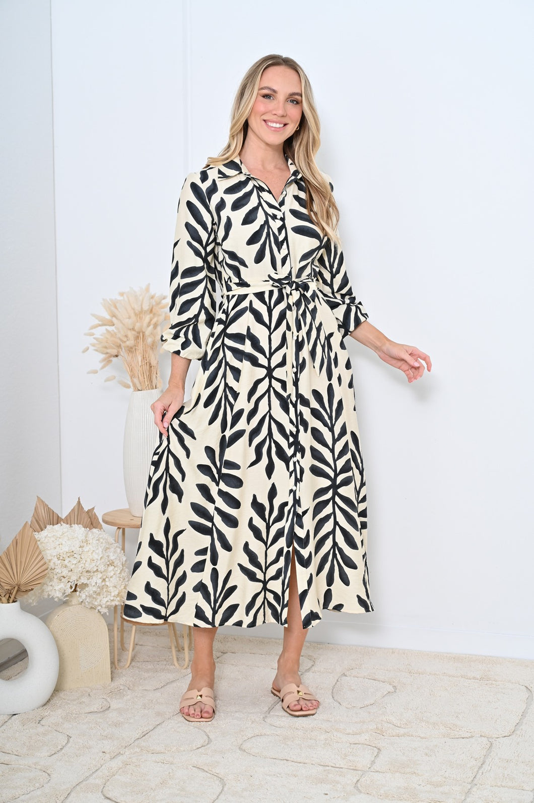 Cream & Black Long Sleeve Shirt Dress with Self Fabric Tie Waist & Pockets