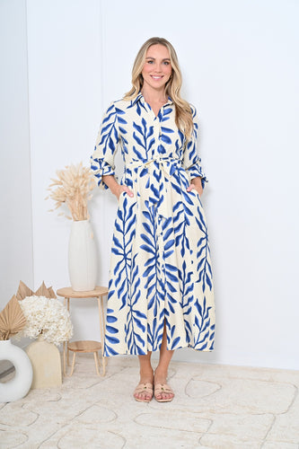 Cream & Blue Long Sleeve Shirt Dress with Self Fabric Tie Waist & Pockets