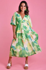 Green Multi Coloured Pandora Dress with double band waist