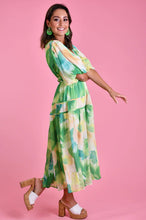 Load image into Gallery viewer, Green Multi Coloured Pandora Dress with double band waist