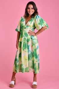 Green Multi Coloured Pandora Dress with double band waist