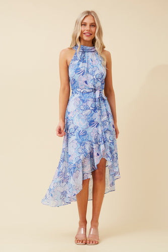 Sky Blue/Pink Halter Style Hi Low Dress