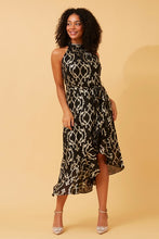 Load image into Gallery viewer, Black Halter Style Hi Low Dress with Gold Imprint