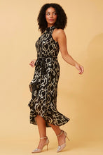 Load image into Gallery viewer, Black Halter Style Hi Low Dress with Gold Imprint