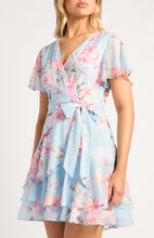 Load image into Gallery viewer, Light Blue Floral Chiffon Mini Dress with Detailed Ruffle Hem
