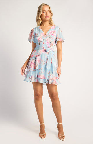 Light Blue Floral Chiffon Mini Dress with Detailed Ruffle Hem
