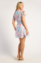 Load image into Gallery viewer, Light Blue Floral Chiffon Mini Dress with Detailed Ruffle Hem