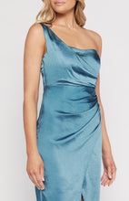 Load image into Gallery viewer, Blue Silk One Shoulder Asymmetric Neckline with Pleated Detail