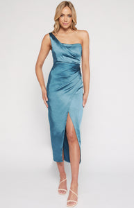 Blue Silk One Shoulder Asymmetric Neckline with Pleated Detail