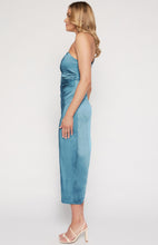 Load image into Gallery viewer, Blue Silk One Shoulder Asymmetric Neckline with Pleated Detail