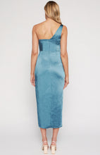 Load image into Gallery viewer, Blue Silk One Shoulder Asymmetric Neckline with Pleated Detail
