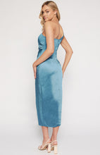 Load image into Gallery viewer, Blue Silk One Shoulder Asymmetric Neckline with Pleated Detail