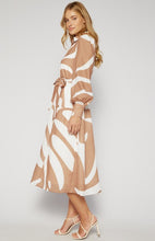 Load image into Gallery viewer, Camel &amp; Cream Abstract Printed Faux Linen Button Up Midi Dress