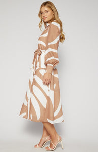 Camel & Cream Abstract Printed Faux Linen Button Up Midi Dress
