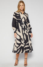Load image into Gallery viewer, Black &amp; Cream Abstract Printed Faux Linen Button Up Midi Dress
