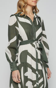 Sage Abstract Printed Faux Linen Button Up Midi Dress