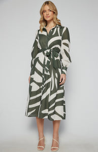 Sage Abstract Printed Faux Linen Button Up Midi Dress