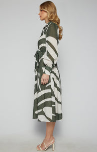 Sage Abstract Printed Faux Linen Button Up Midi Dress