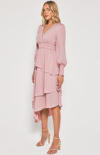 Load image into Gallery viewer, Blush Midi Dress with Asymmetrical Layered Hem