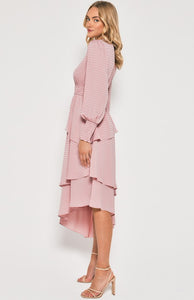 Blush Midi Dress with Asymmetrical Layered Hem