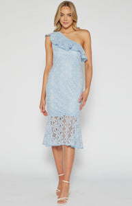 Pale Blue One Shoulder Lace Midi Dress