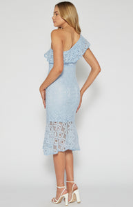 Pale Blue One Shoulder Lace Midi Dress