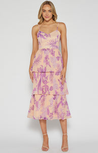 Lilac Floral Chiffon Trim Detail Tiered Dress