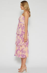 Lilac Floral Chiffon Trim Detail Tiered Dress