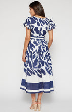 Load image into Gallery viewer, Navy &amp; White Placement Print Linen Midi Dress