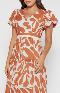 Terracotta Placement Print Linen Midi Dress