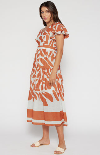 Terracotta Placement Print Linen Midi Dress