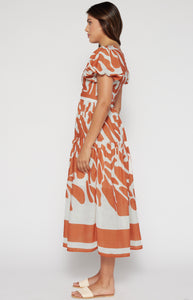 Terracotta Placement Print Linen Midi Dress