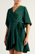 Load image into Gallery viewer, Emerald Green Bell Sleeve Faux Wrap Dress with Layered Hem