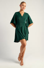 Load image into Gallery viewer, Emerald Green Bell Sleeve Faux Wrap Dress with Layered Hem