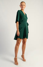 Load image into Gallery viewer, Emerald Green Bell Sleeve Faux Wrap Dress with Layered Hem