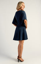 Load image into Gallery viewer, Navy Bell Sleeve Faux Wrap Dress with Layered Hem