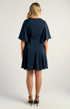Load image into Gallery viewer, Navy Bell Sleeve Faux Wrap Dress with Layered Hem