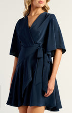 Load image into Gallery viewer, Navy Bell Sleeve Faux Wrap Dress with Layered Hem