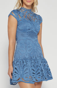 Blue Cap Sleeve Embroided Lace Mini Dress