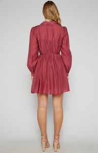 Burgundy Textured Mini Shirt Dress with Gold Buttons