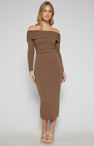 Brown Off The Shoulder Jersey Midi Dress with Ruche Detail