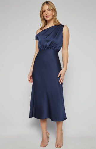 Navy One Shoulder Detail Satin Midi Cocktail Dress