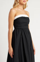 Load image into Gallery viewer, Black &amp; White Cotton contrast Neckline Ruched Bodice Midi Dress